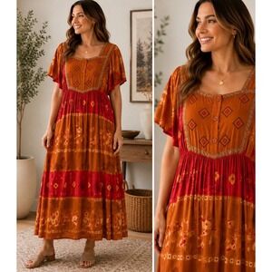 Fundamentals Maxi Dress Womens Large Orange‎ Red Boho Geometric Rayon Caftan VTG